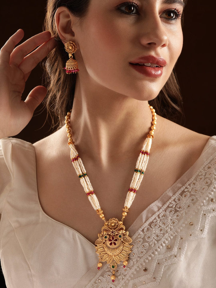 Rubans 22K Gold toned Floral motif timeless charm pearl beaded necklace set Jewellery Sets