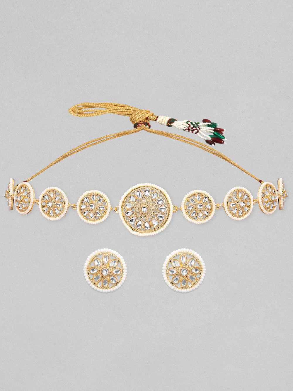 Rubans 22K Gold Toned Kundan Stone Studded Pearl Beaded Choker Necklace Set Necklace Set