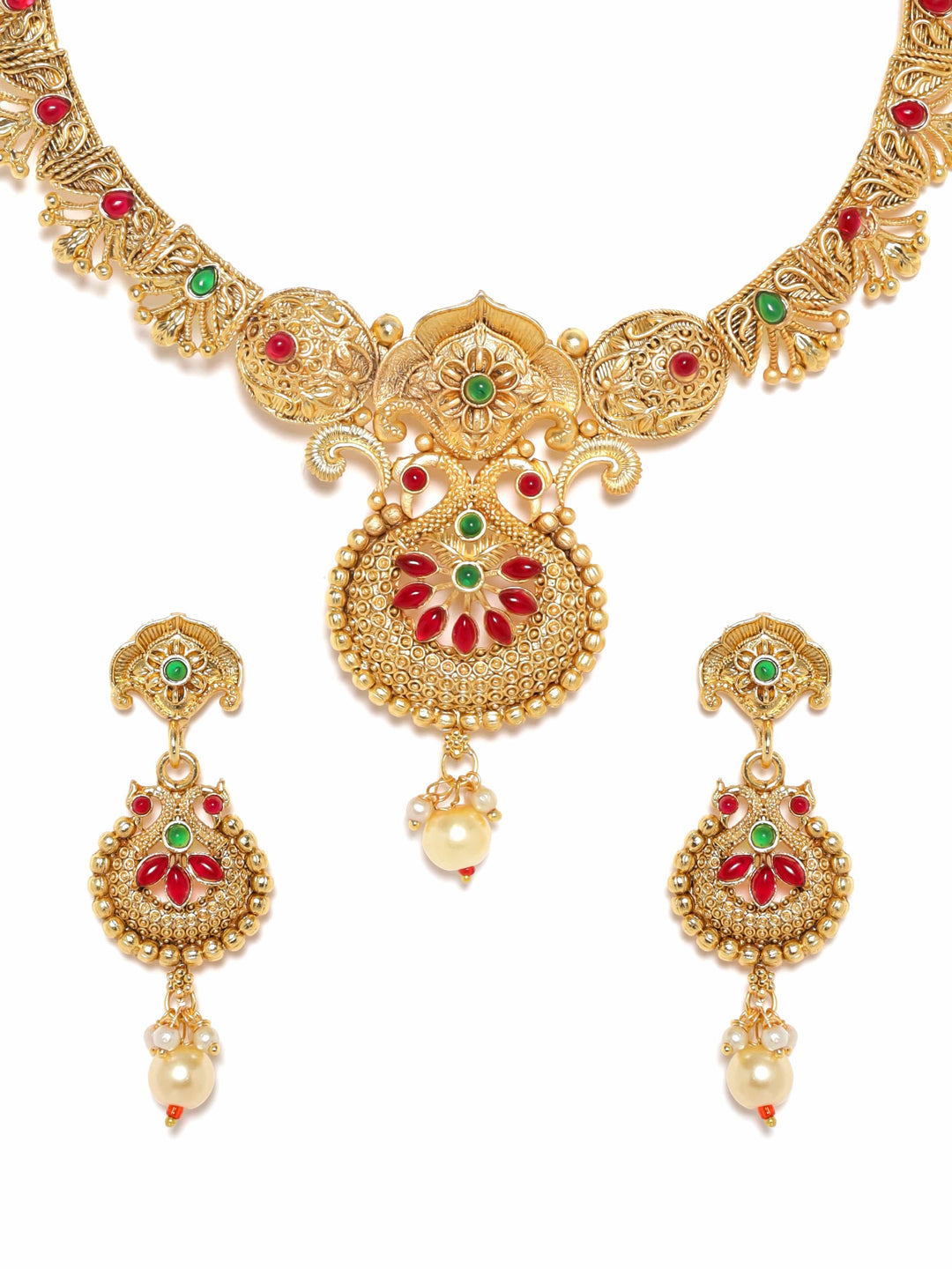 Rubans 22K Gold toned Red & Green AD Studded Antique Short Necklace Set Jewellery Sets
