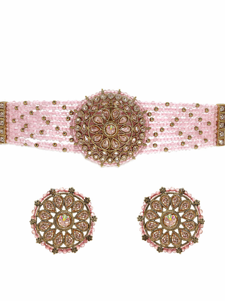 Rubans 22k mehndi Gold plated Dazzling Reverse AD pastel pink beaded choker set Jewellery Sets
