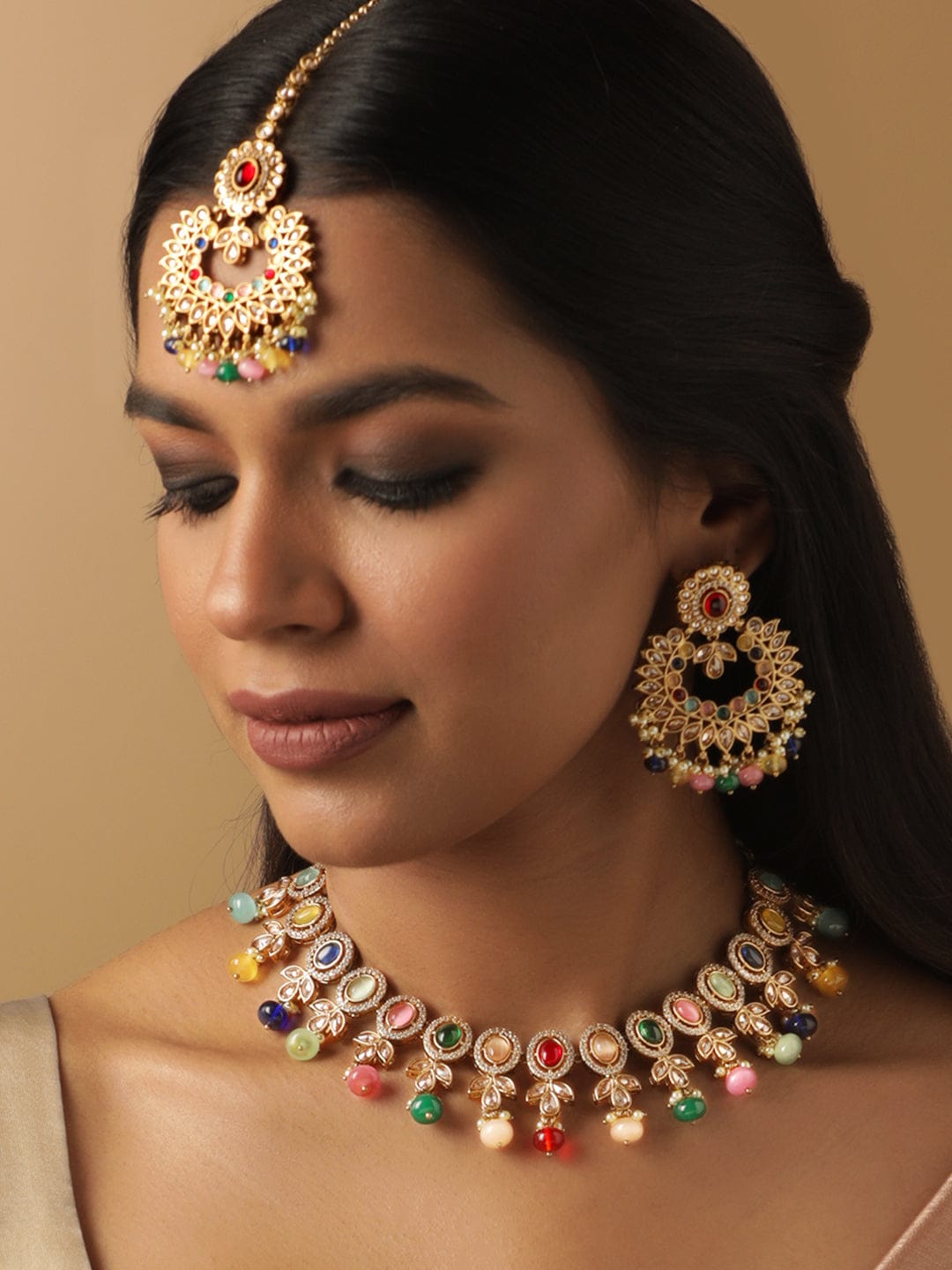 Rubans 22K Mehndi gold plated Multicolor & Reverse AD Studded Choker Set Jewellery Sets