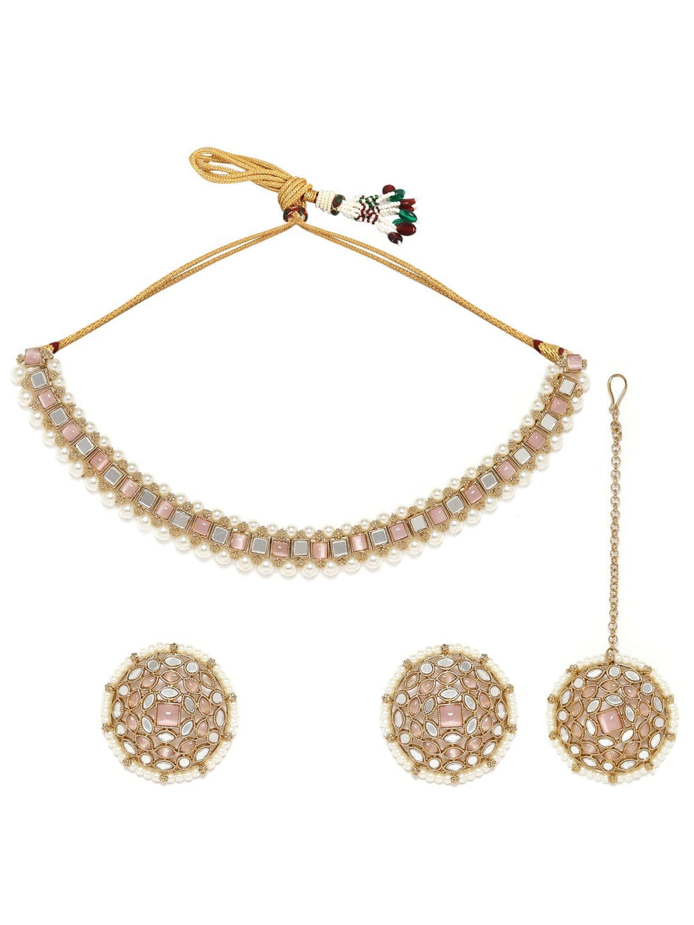 Rubans 22K Mehndi Gold plated pastel pink & mirror studded pearl beaded choker Set Jewellery Sets