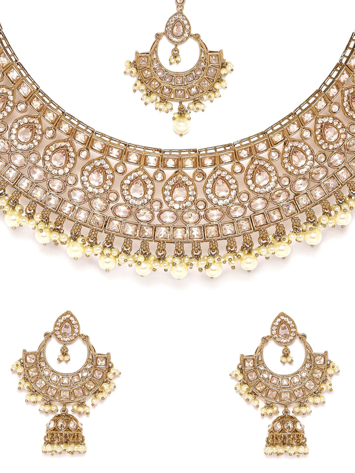 Rubans 22K Mehndi gold plated Reverse AD Studded Pearl beaded Statement Luxury Choker Set Jewellery Sets