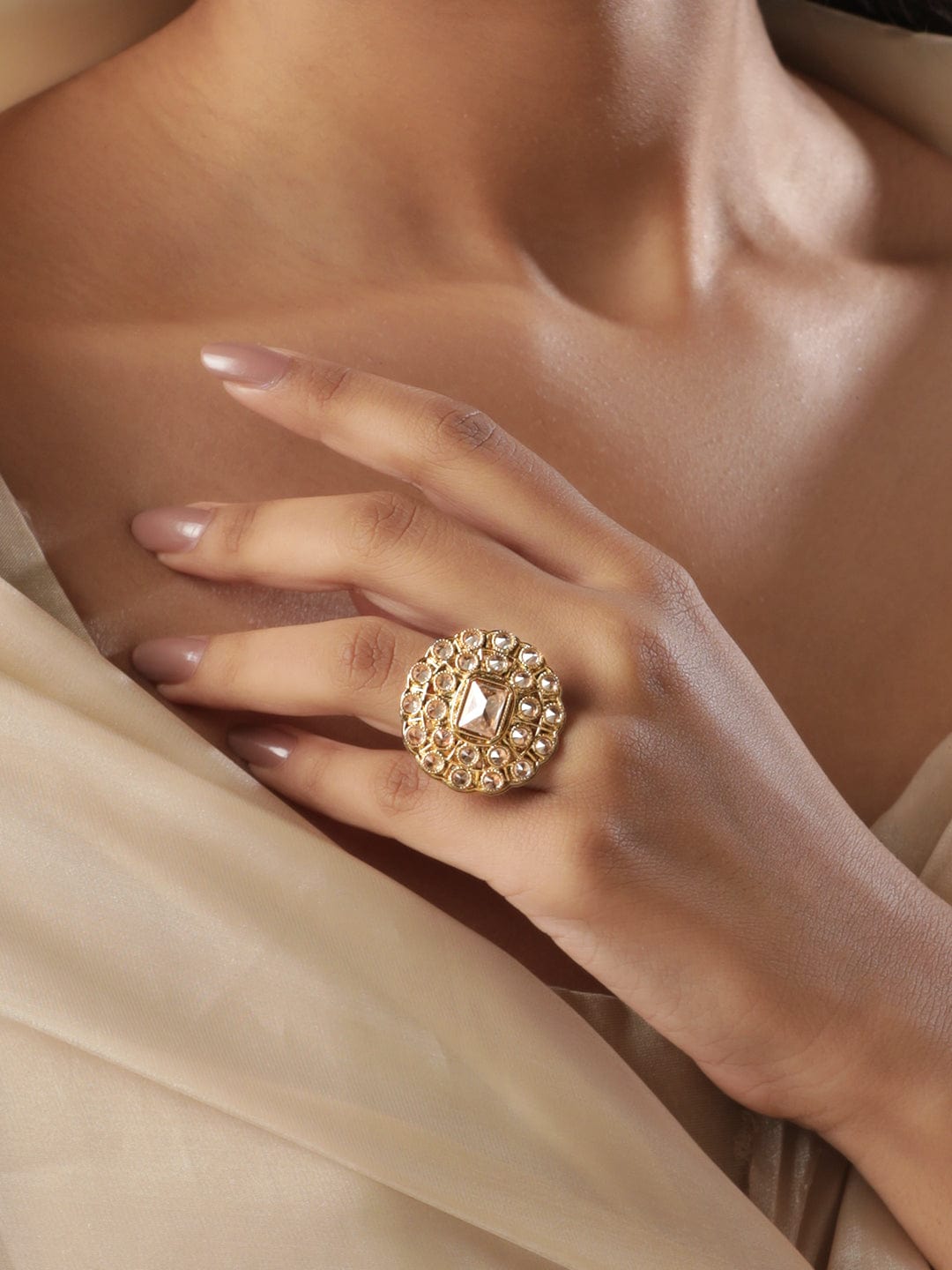 Rubans 22KT Gold-Plated Studded Finger Ring Rings