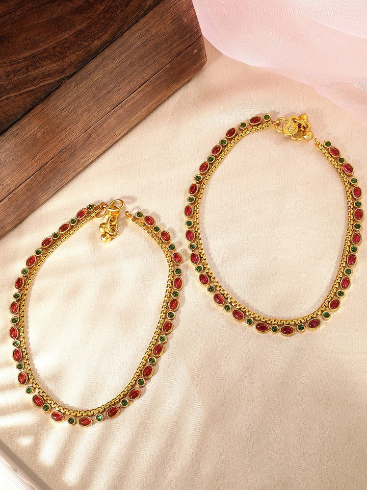 Rubans 24k Gold Plated Anklet With Red And Green Stones. Anklet