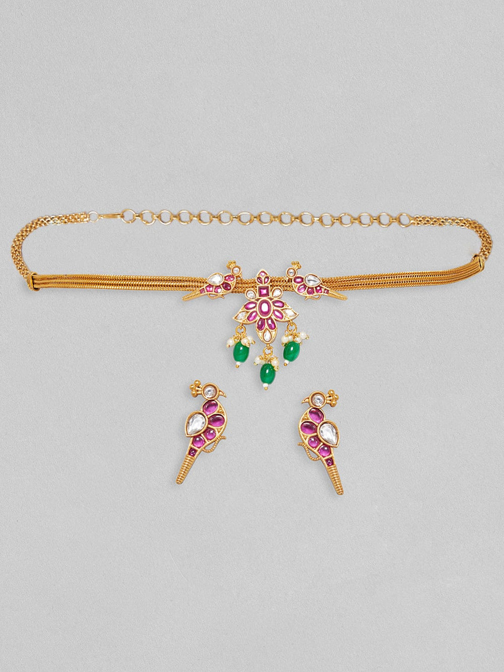 Rubans 24K Gold Plated Choker Set With Red Stones And Green Beads Necklace Set