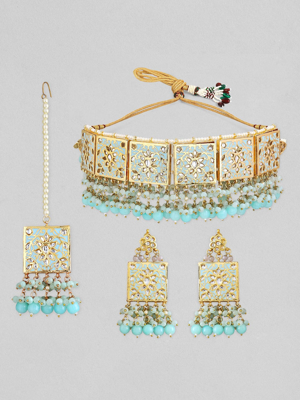 Rubans 24k Gold Plated Choker Set With Sky Blue Colour Enamel And Beads. Necklace Set
