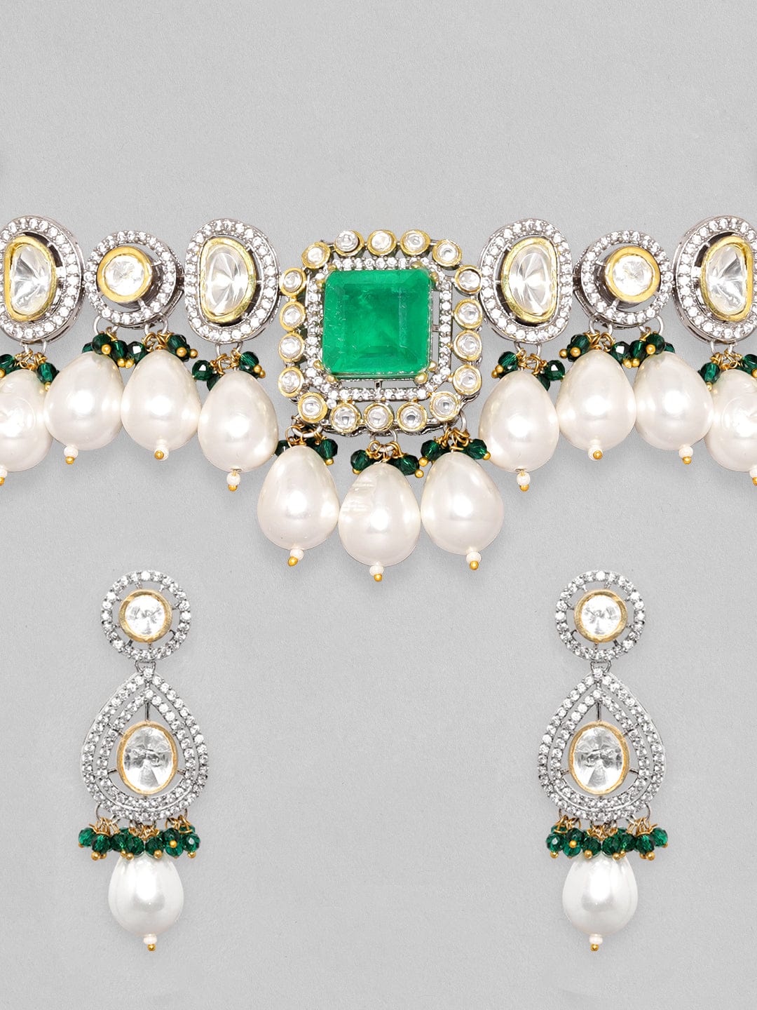 Rubans 24K Gold Plated Emerald Doublet Zirconia & Ringed Pearl Beaded Jewellery Set Necklace Set