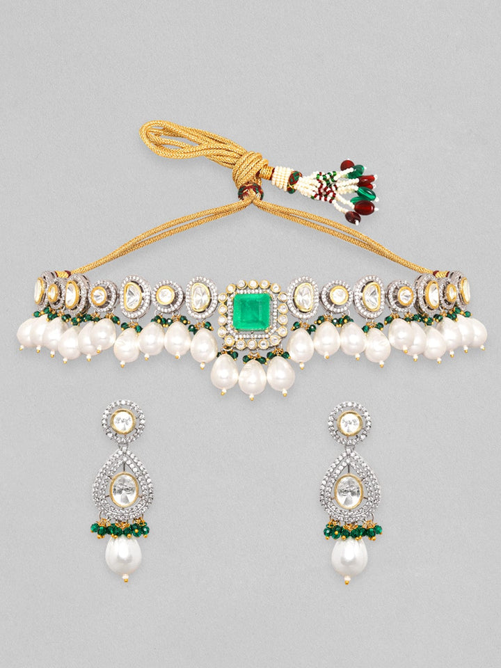 Rubans 24K Gold Plated Emerald Doublet Zirconia & Ringed Pearl Beaded Jewellery Set Necklace Set
