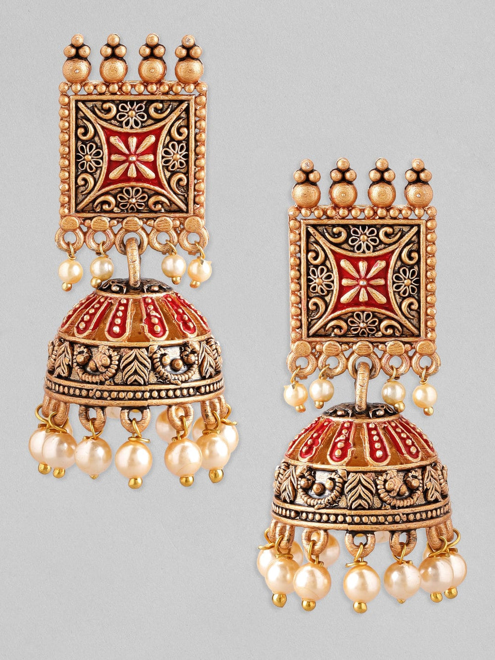 Rubans 24K Gold Plated Enamel Handpainted & White Beaded Filigree Jhumka Earrings Earrings