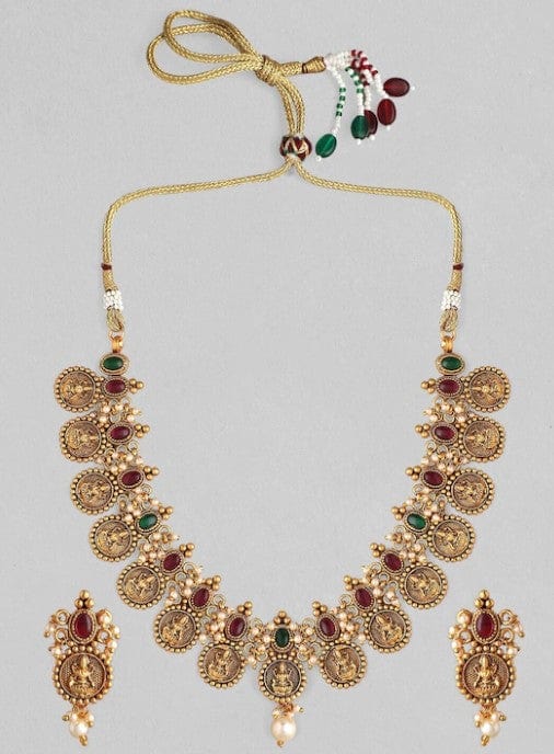 Rubans 24K Gold Plated Filigree Handcrafted Lakshmi Coin Temple Necklace Set Necklace Set