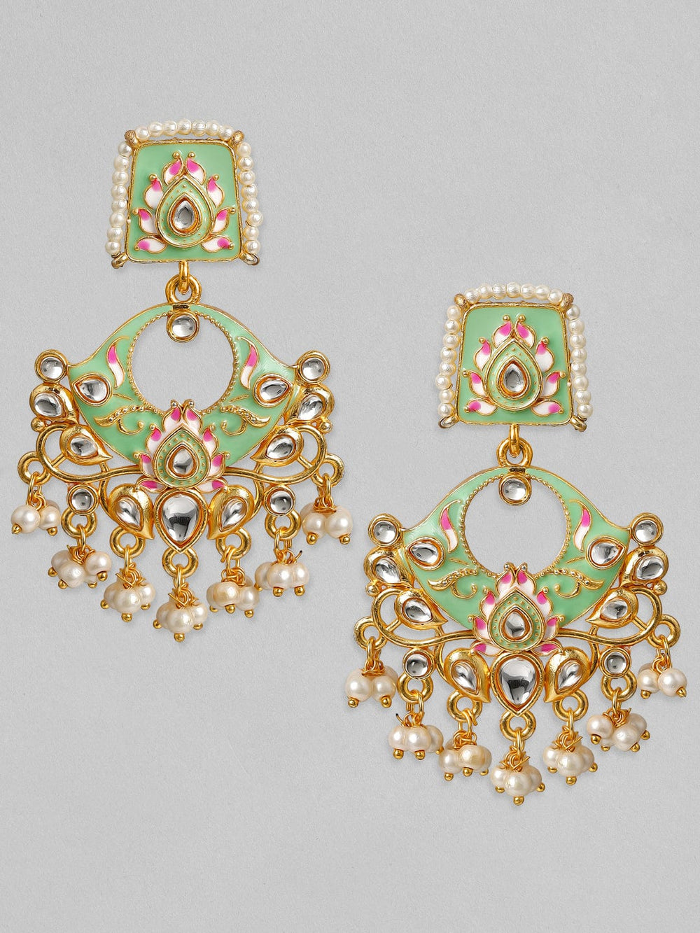 Rubans 24K Gold Plated Handcrafted Enamel & Kundan with Pearls Chand Bali Earrings Earrings