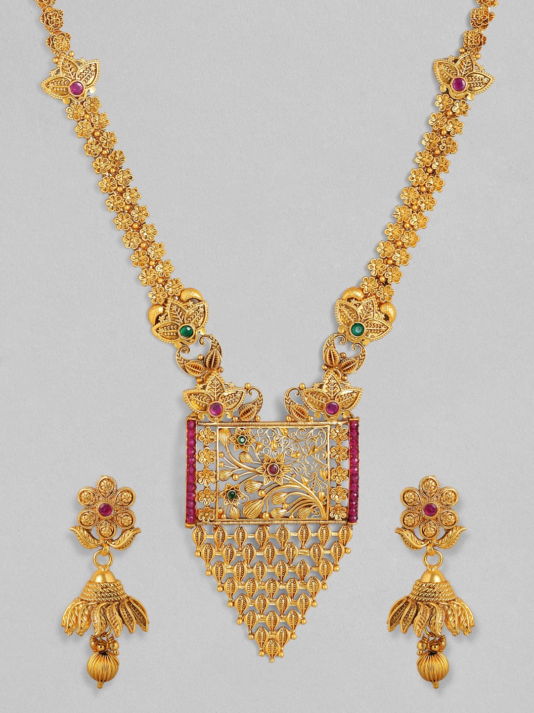 Rubans 24K Gold Plated Handcrafted Filigree Floral Ruby Studded Necklace Set Necklace Set