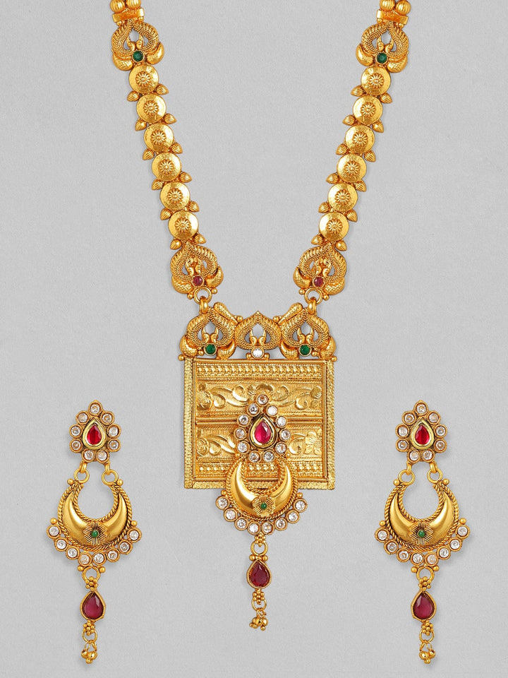Rubans 24K Gold Plated Handcrafted Filigree Ruby Studded Necklace Set Necklace Set