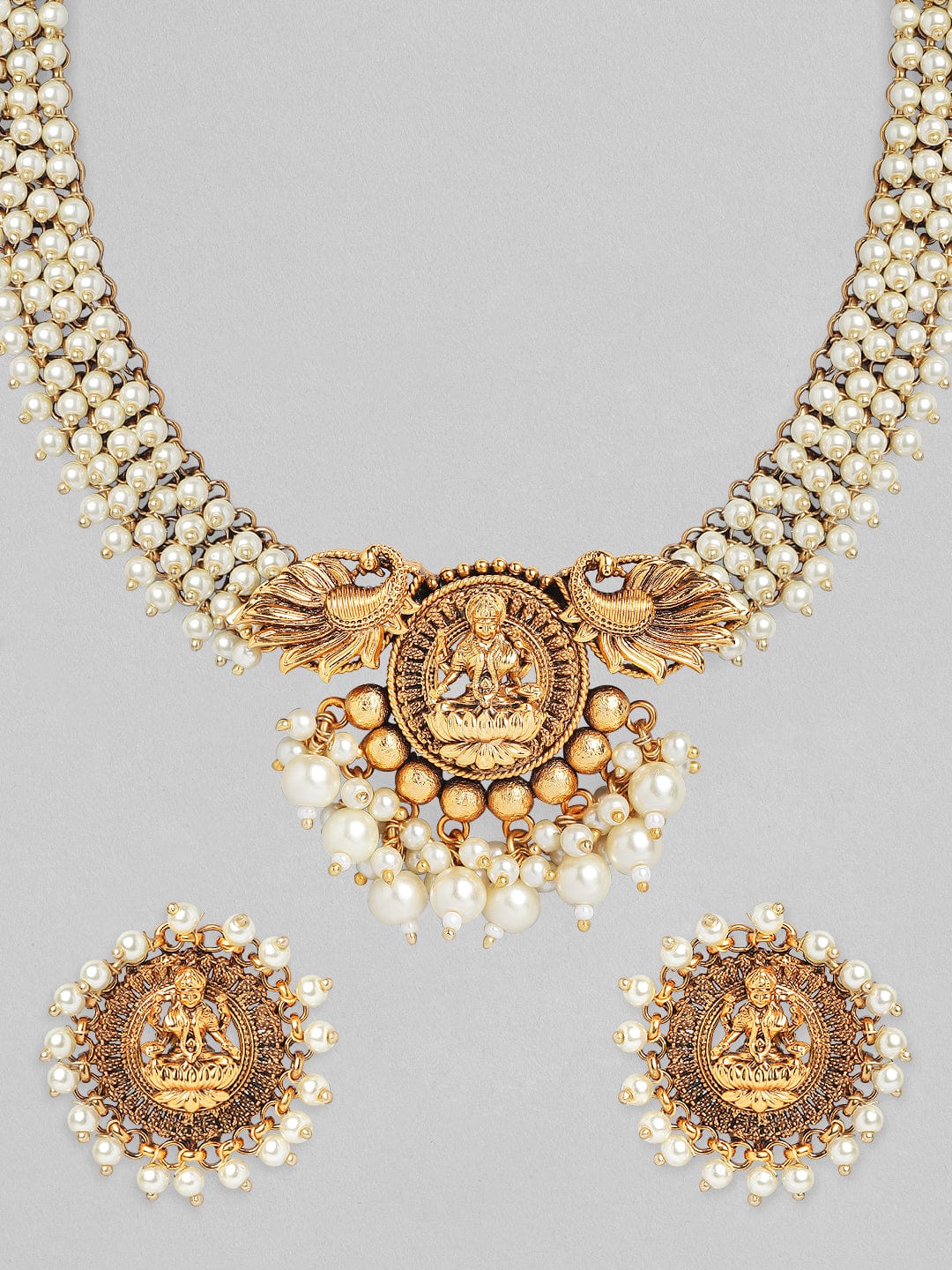 Rubans 24K Gold Plated Handcrafted Filigree &amp; White Pearls Necklace Set Necklace Set