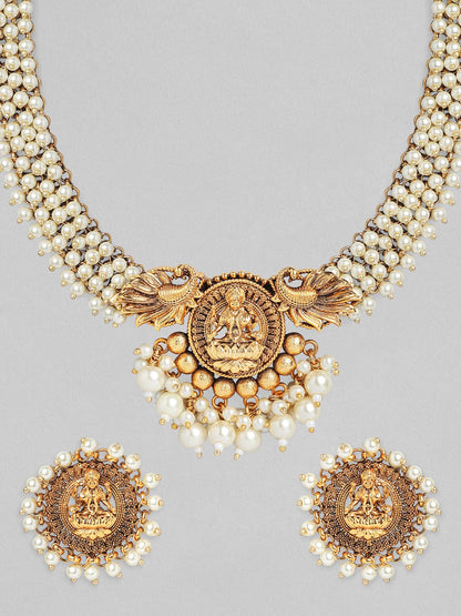Rubans 24K Gold Plated Handcrafted Filigree &amp; White Pearls Necklace Set Necklace Set
