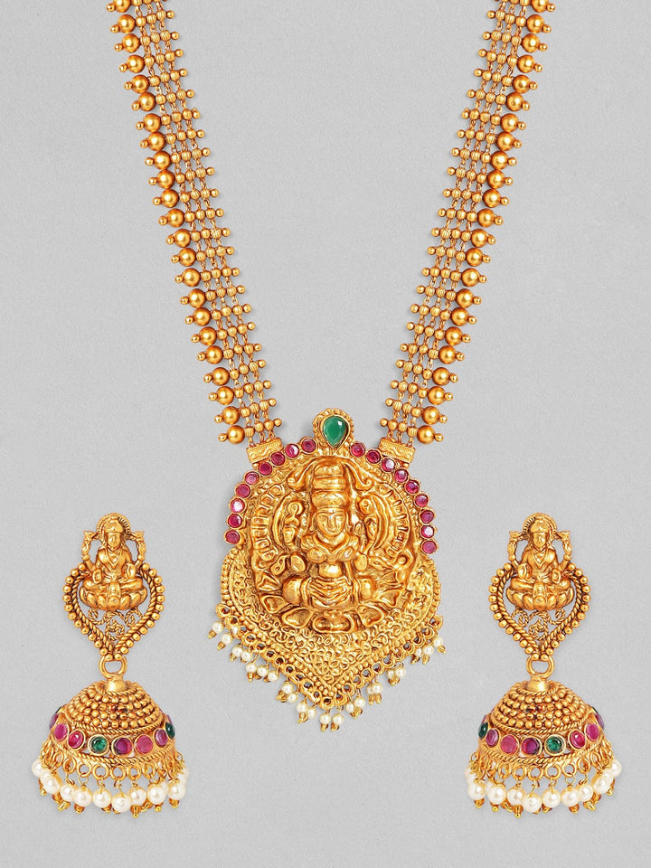 Rubans 24K Gold Plated Handcrafted Heavy Pendant Temple Necklace Set Earrings