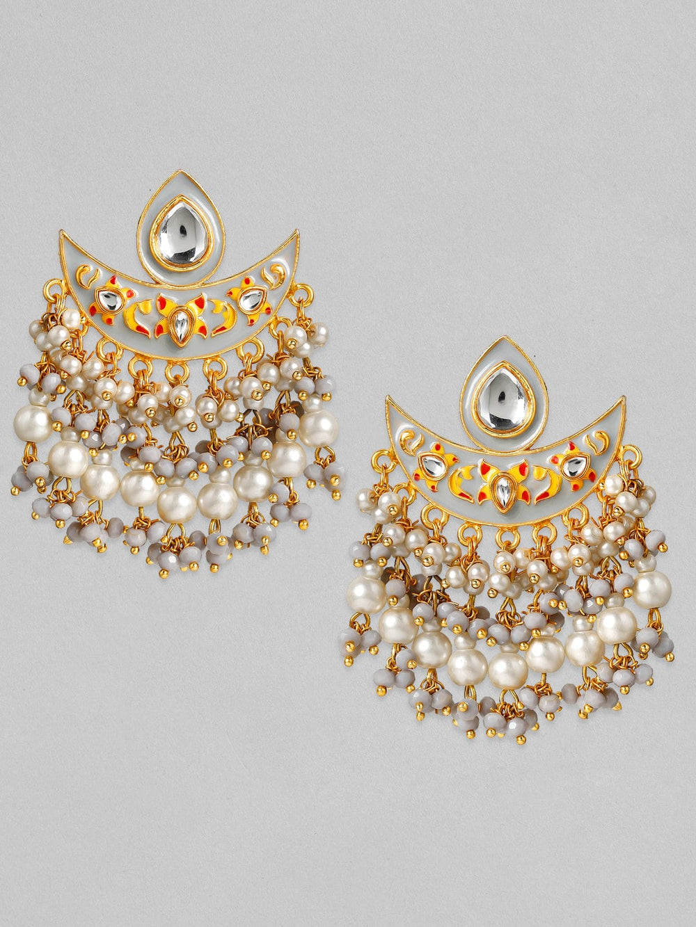 Rubans 24K Gold Plated Handcrafted Kundan & Enamel with White Pearls Chand Bali Earrings Earrings