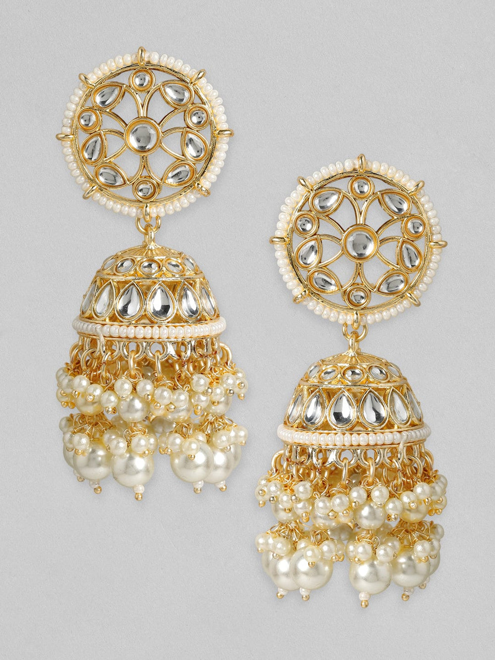 Rubans 24K Gold Plated Handcrafted Kundan with White perals Jhumka Earrings Earrings