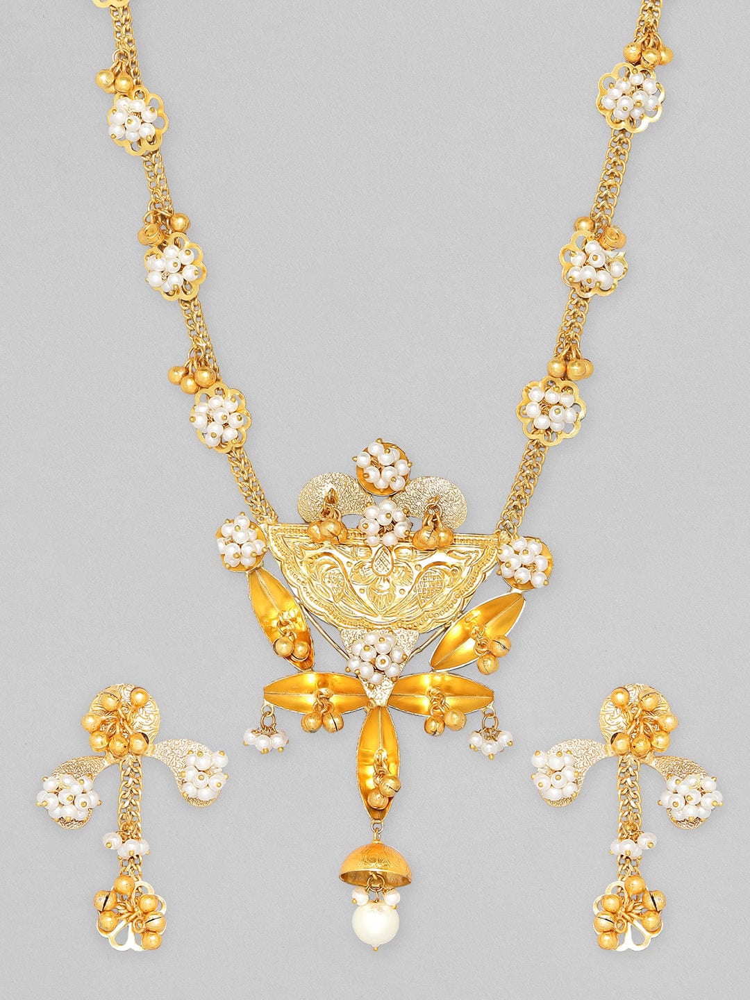 Rubans 24K Gold Plated Handcrafted  Necklace Set With Pearls And Floral Design Necklace Set