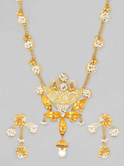 Rubans 24K Gold Plated Handcrafted  Necklace Set With Pearls And Floral Design Necklace Set