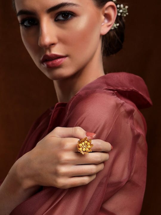 Rubans 24K Gold Plated Handcrafted  Ring With Golden Beads And Floral Design Rings