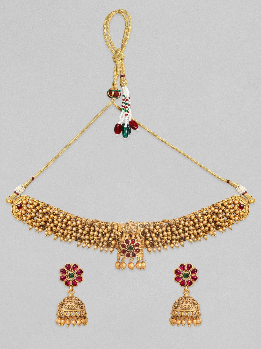 Rubans 24K Gold Plated Handcrafted Ruby Stone & Gold Ghungroo Temple Choker Set Necklace Set