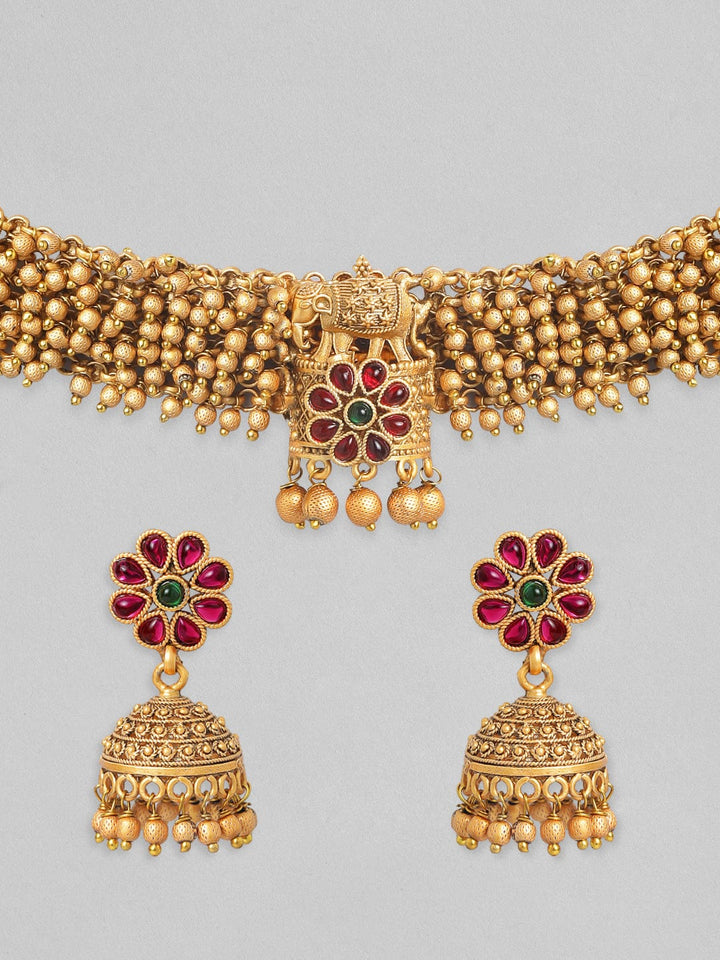 Rubans 24K Gold Plated Handcrafted Ruby Stone & Gold Ghungroo Temple Choker Set Necklace Set