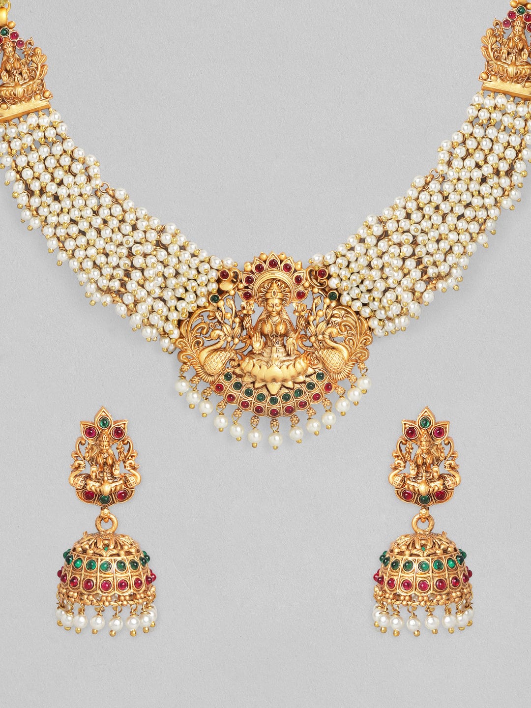 Rubans 24K Gold Plated Handcrafted Ruby Stone with White Pearls Divine Lakshmi Necklace Set Necklace Set