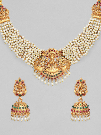 Rubans 24K Gold Plated Handcrafted Ruby Stone with White Pearls Divine Lakshmi Necklace Set Necklace Set