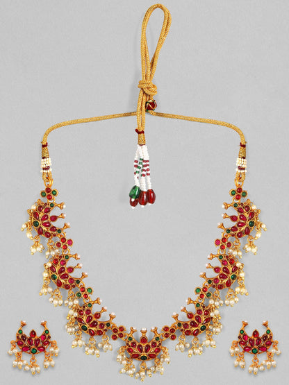 Rubans 24K Gold Plated Handcrafted Ruby Stone with white pearls Necklace Set Necklace Set