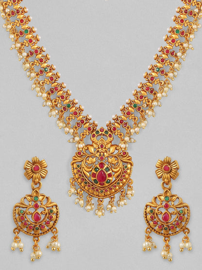 Rubans 24K Gold Plated Handcrafted Ruby Stone with white pearls Necklace Set Necklace Set