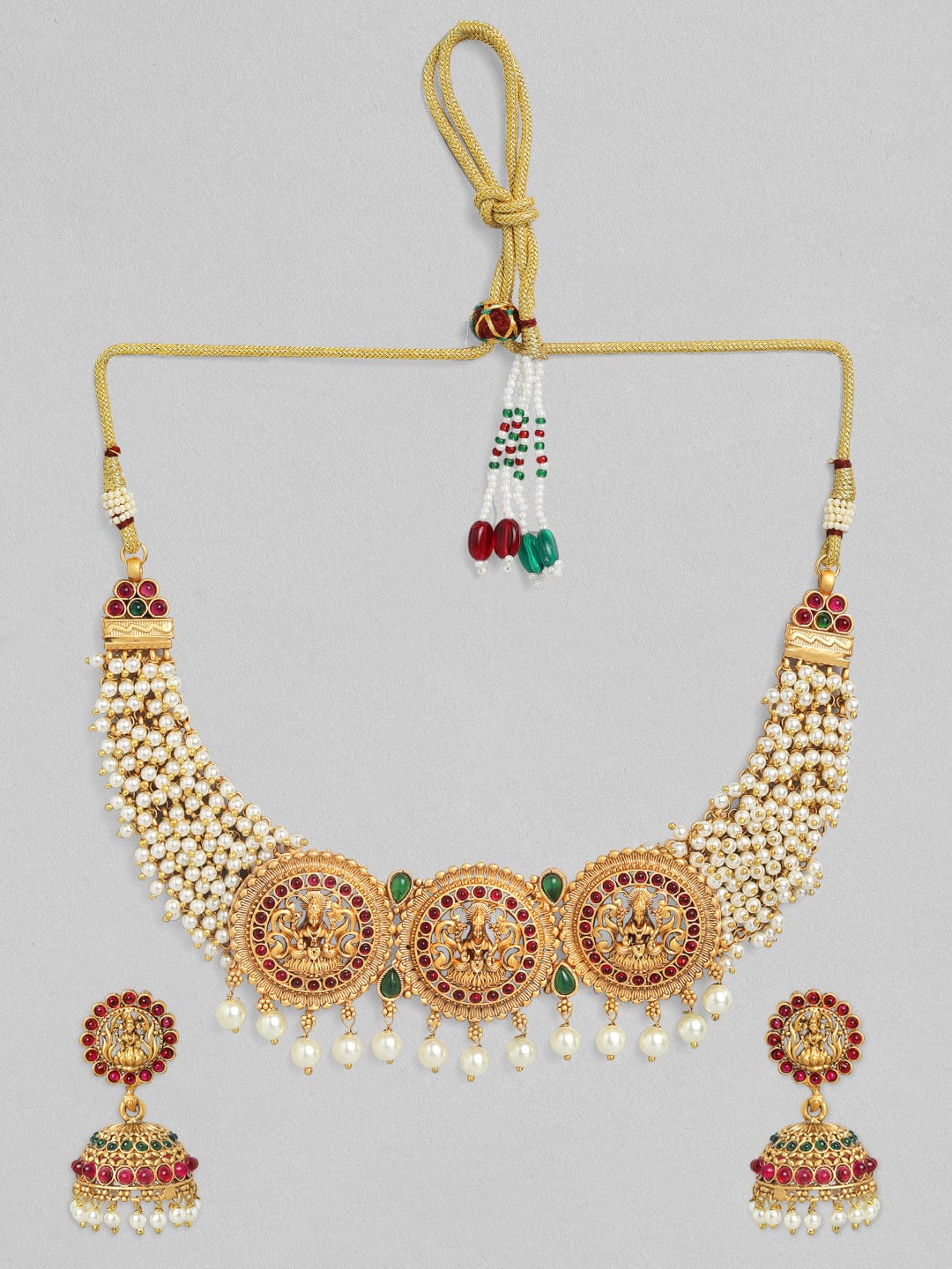 Rubans 24K Gold Plated Handcrafted Ruby Stone with White Pearls Necklace Set Necklace Set