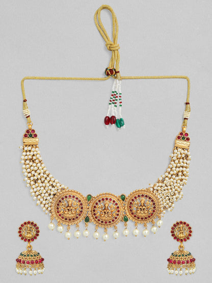 Rubans 24K Gold Plated Handcrafted Ruby Stone with White Pearls Necklace Set Necklace Set