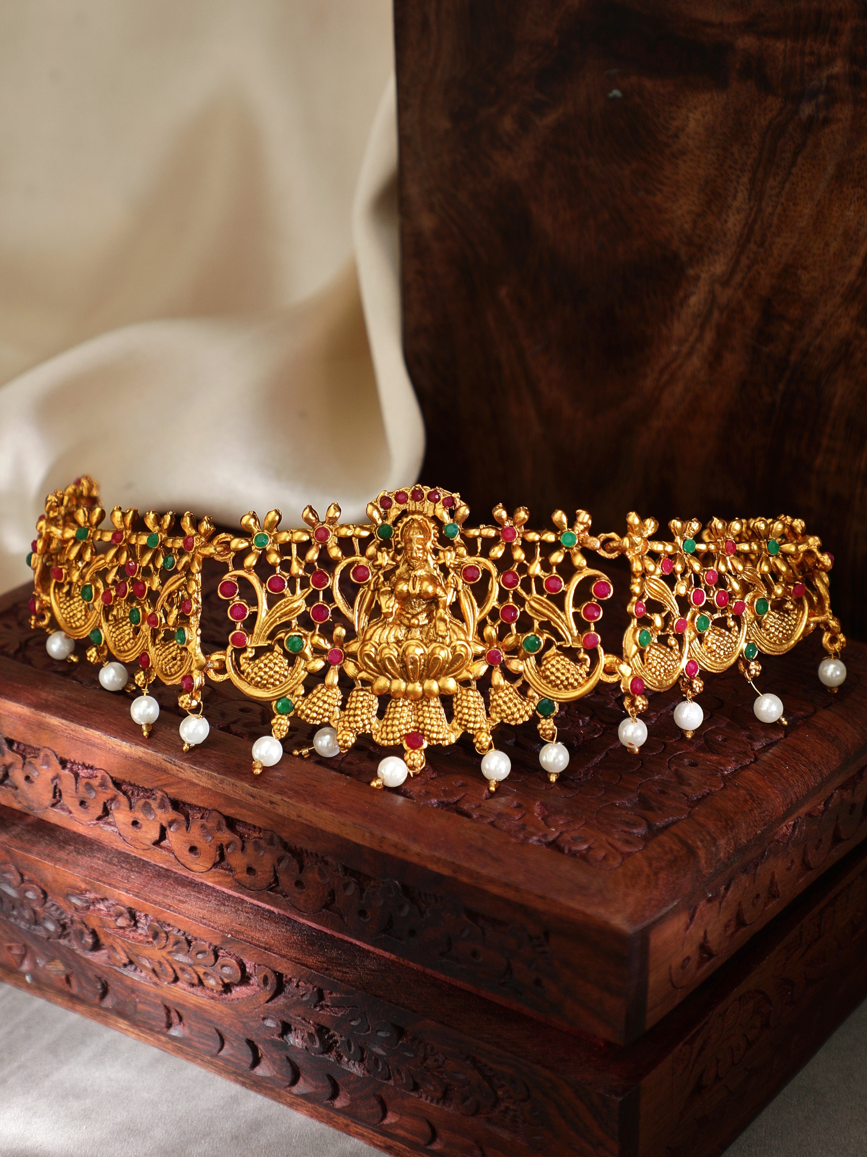 Rubans 24K Gold Plated Handcrafted Ruby with Peacock Shape Devine Lakshmi Kamarbandh Kamarbandh