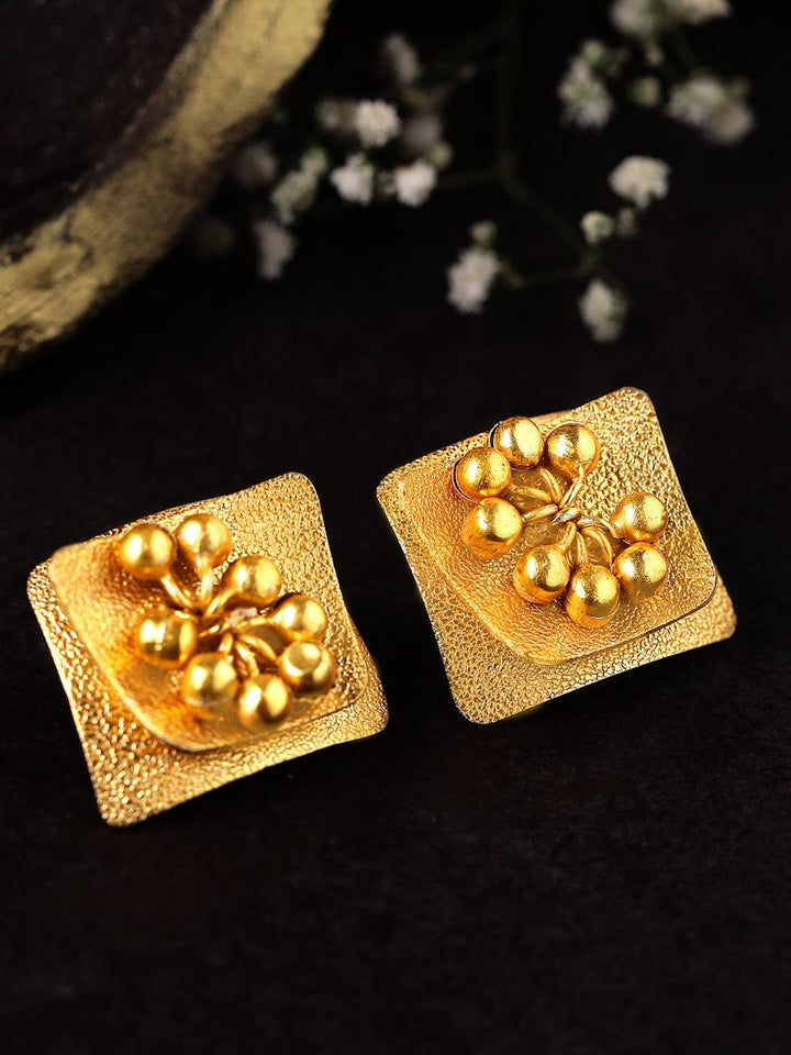Rubans 24K Gold Plated Handcrafted Stud Earrings With Square Design, Pearls And Beads Earrings