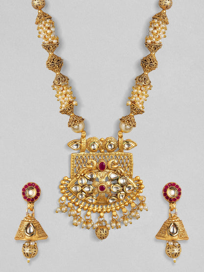 Rubans 24K Gold Plated Handcrafted White Kundan &amp; Antique Gold Filigree Beads Necklace Set Necklace Set