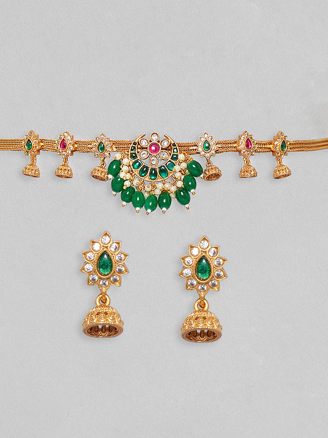 Rubans 24K Gold Plated Jewellery Set With Green Stones And Green Beads Necklace Set