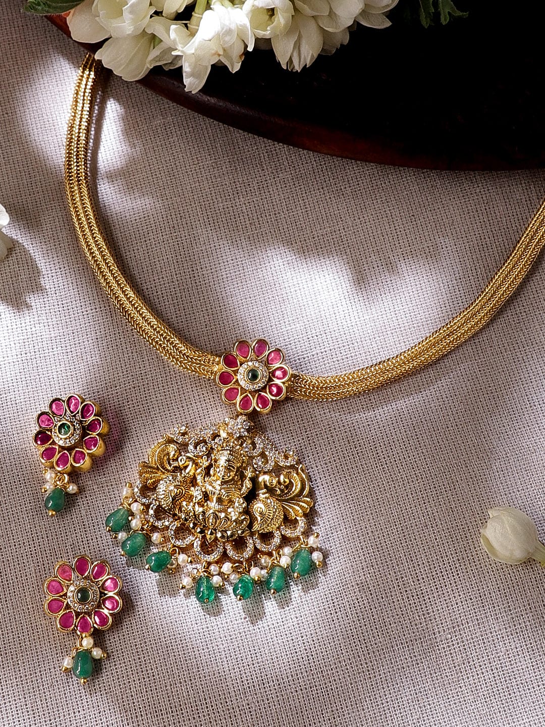 Rubans 24K Gold Plated Kemp stone studded Emerald Green Beaded Temple Pendant Necklace set Jewellery Sets