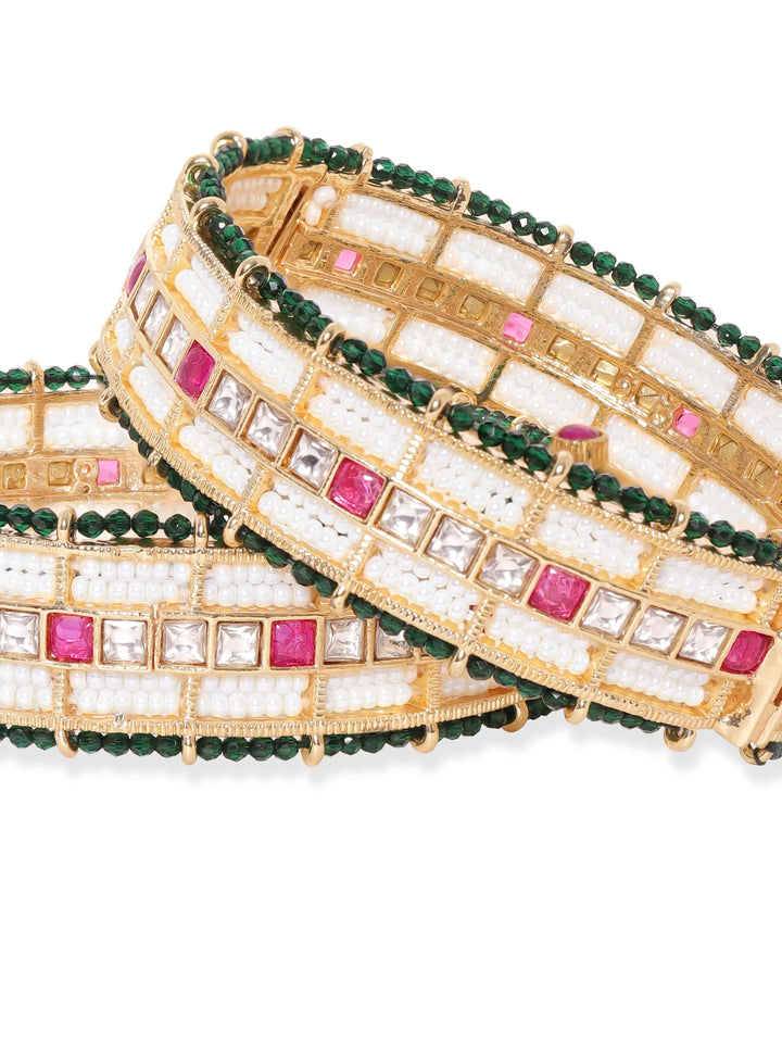 Rubans 24k Gold plated kundan & kemp studded green crystal with pearl beaded handcrafted bangles Bangles & Bracelets