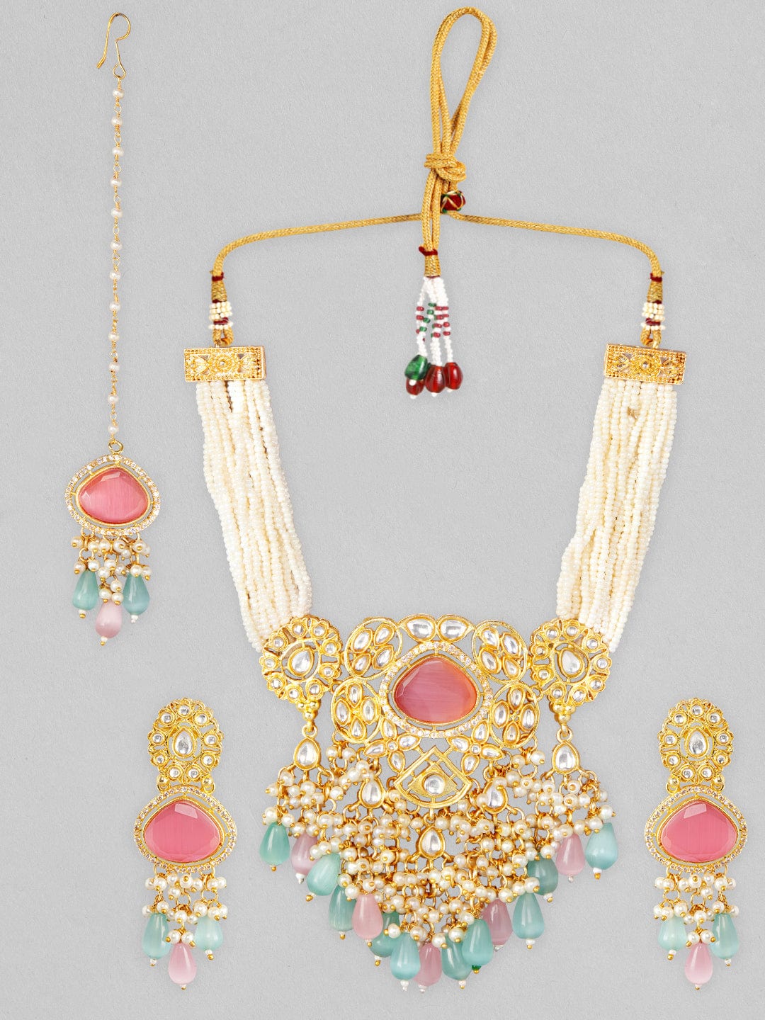 Rubans 24K Gold Plated Kundan Necklace Set With Blue And Pink Beads Jewellery Sets