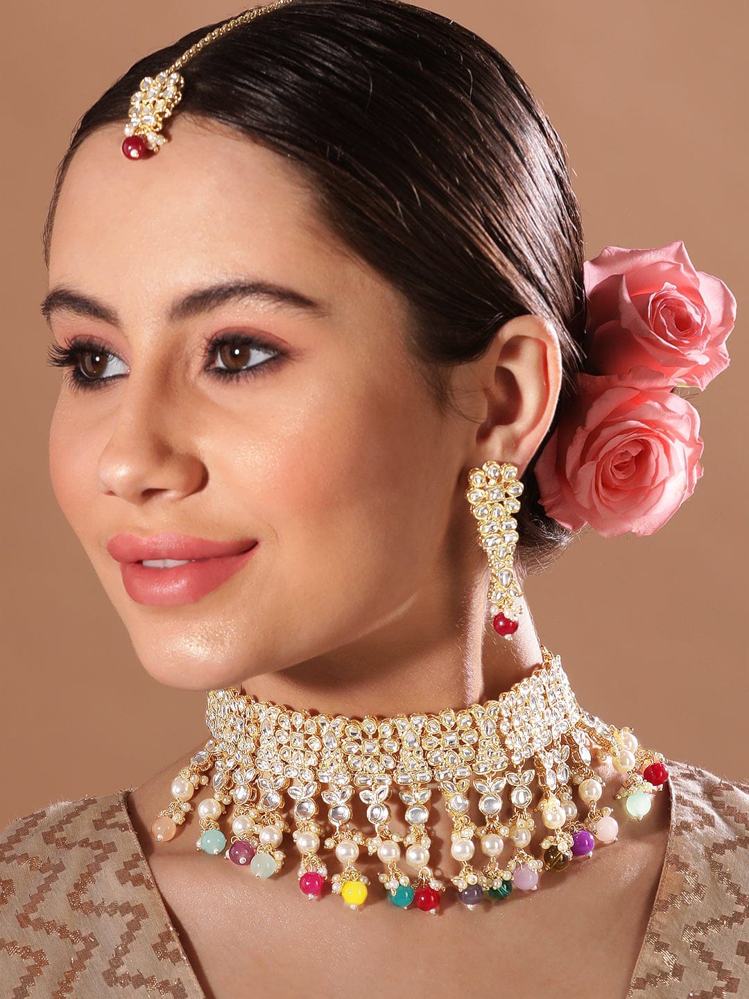 Rubans 24K Gold Plated Kundan Stone Studded Multicolour Pearl & Beads Necklace Jewellery Set Necklace Set