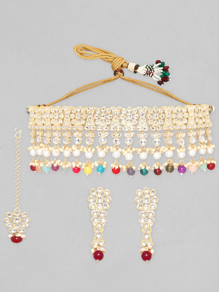 Rubans 24K Gold Plated Kundan Stone Studded Multicolour Pearl & Beads Necklace Set Necklace Set
