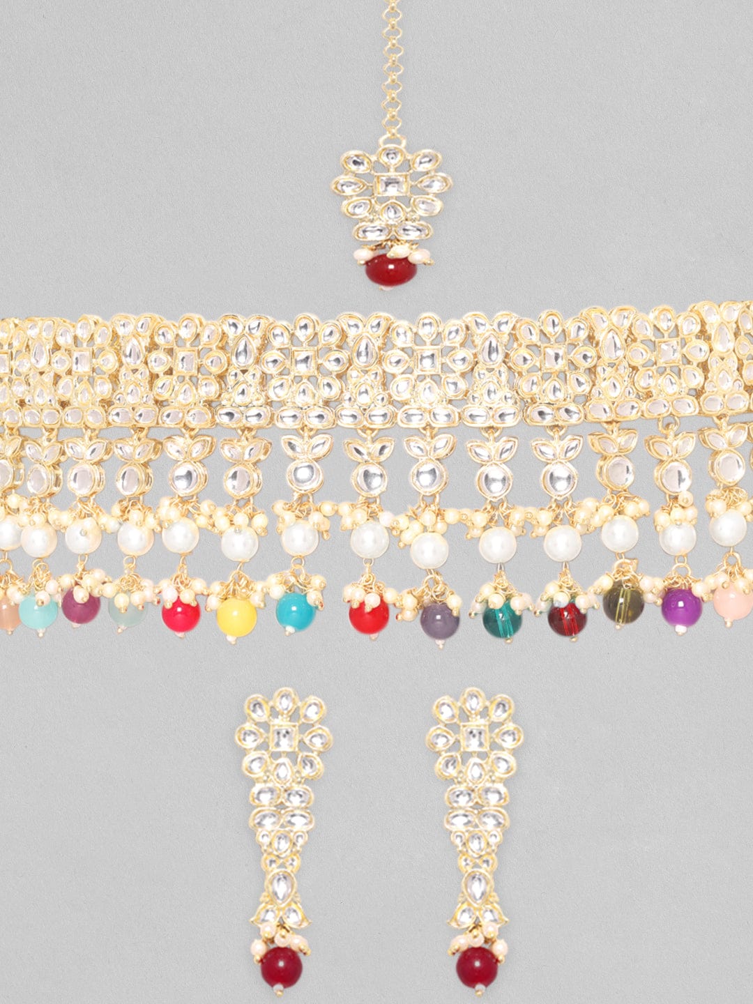 Rubans 24K Gold Plated Kundan Stone Studded Multicolour Pearl &amp; Beads Necklace Set Necklace Set