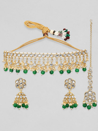 Rubans 24K Gold Plated Kundan Studded Green Beaded Jewellery Set Necklace Set