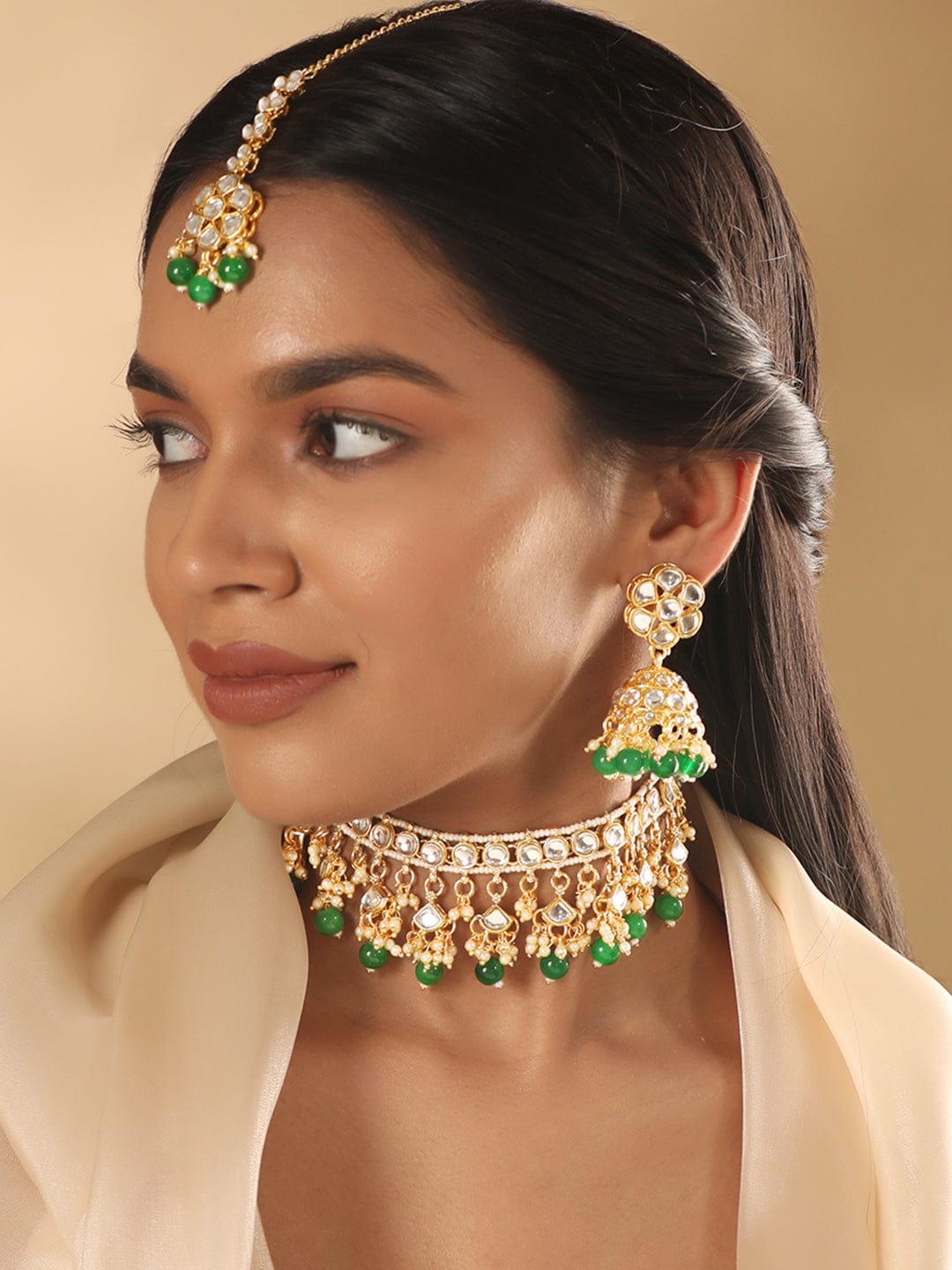 Rubans 24K Gold Plated Kundan Studded Green Beaded Jewellery Set Necklaces, Necklace Sets, Chains & Mangalsutra