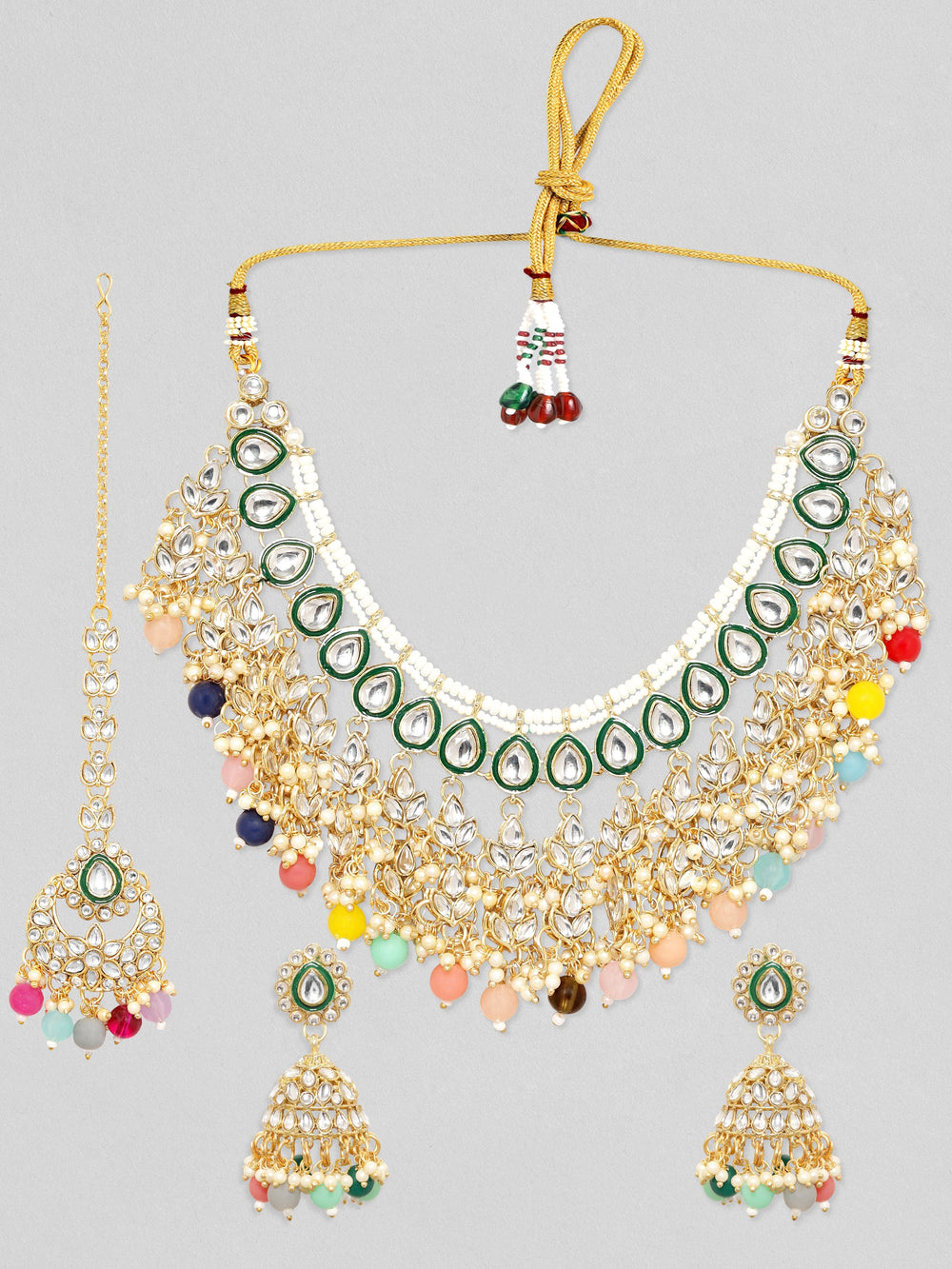 Rubans 24K Gold Plated Kundan Studded Multicolour Beaded Jewellery Set Necklace Set