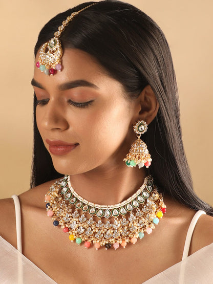 Rubans 24K Gold Plated Kundan Studded Multicolour Beaded Jewellery Set Necklaces, Necklace Sets, Chains &amp; Mangalsutra
