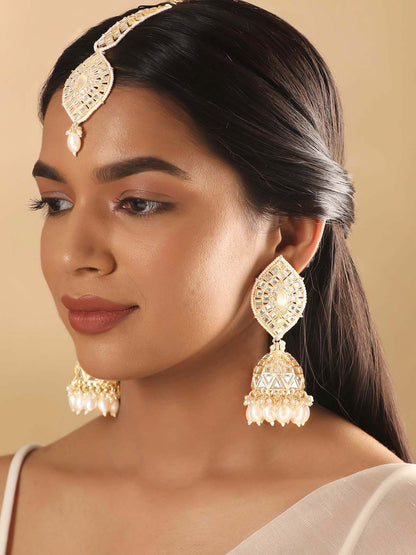 Rubans 24K Gold Plated Kundan Studded Pearl Beaded Jhumka &amp; Mangtika Set Earrings &amp; mangtika Combo