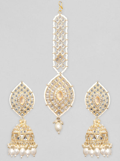 Rubans 24K Gold Plated Kundan Studded Pearl Beaded Jhumka &amp; Mangtika Set Maang Tikka &amp; Earrings Set